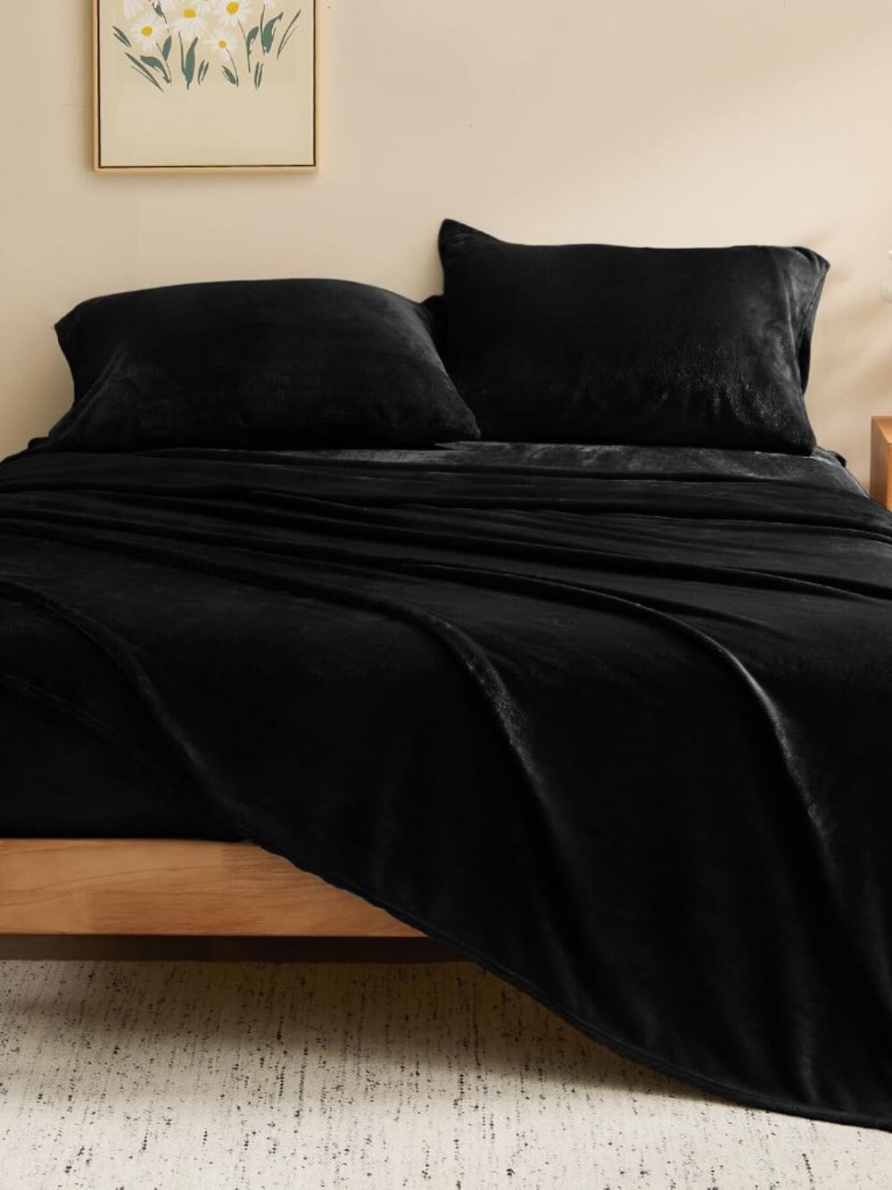 BEDELITE Flannel Sheets Queen Size, Black, 4 Pieces Soft Double-Sided Plush